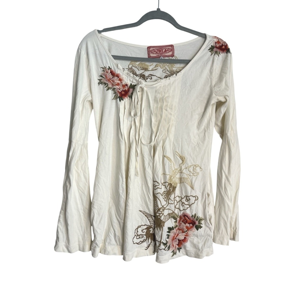 JWLA Johnny Was Embroidered Birds Floral Peasant Top Cream Flowy Boho Sz Small